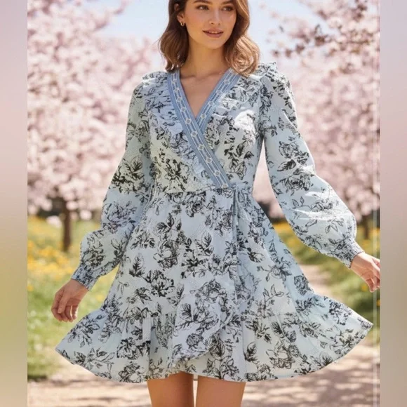 ANTHROPOLOGIE Light Blue and Black Floral Long Sleeve Mini Ruffled Dress XXS - Picture 1 of 5